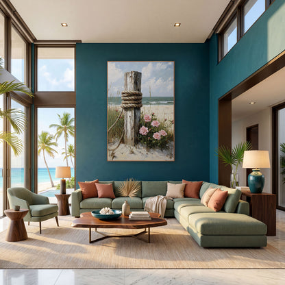Weathered Beach Post Pink Roses Coastal wall art in a bright coastal-style room – weathered white wooden beach post