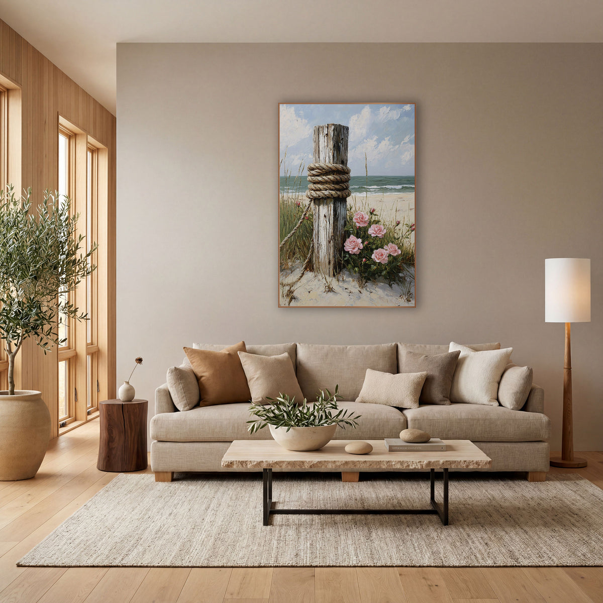 Weathered Beach Post Pink Roses Coastal wall art in a bright coastal-style room – weathered white wooden beach post
