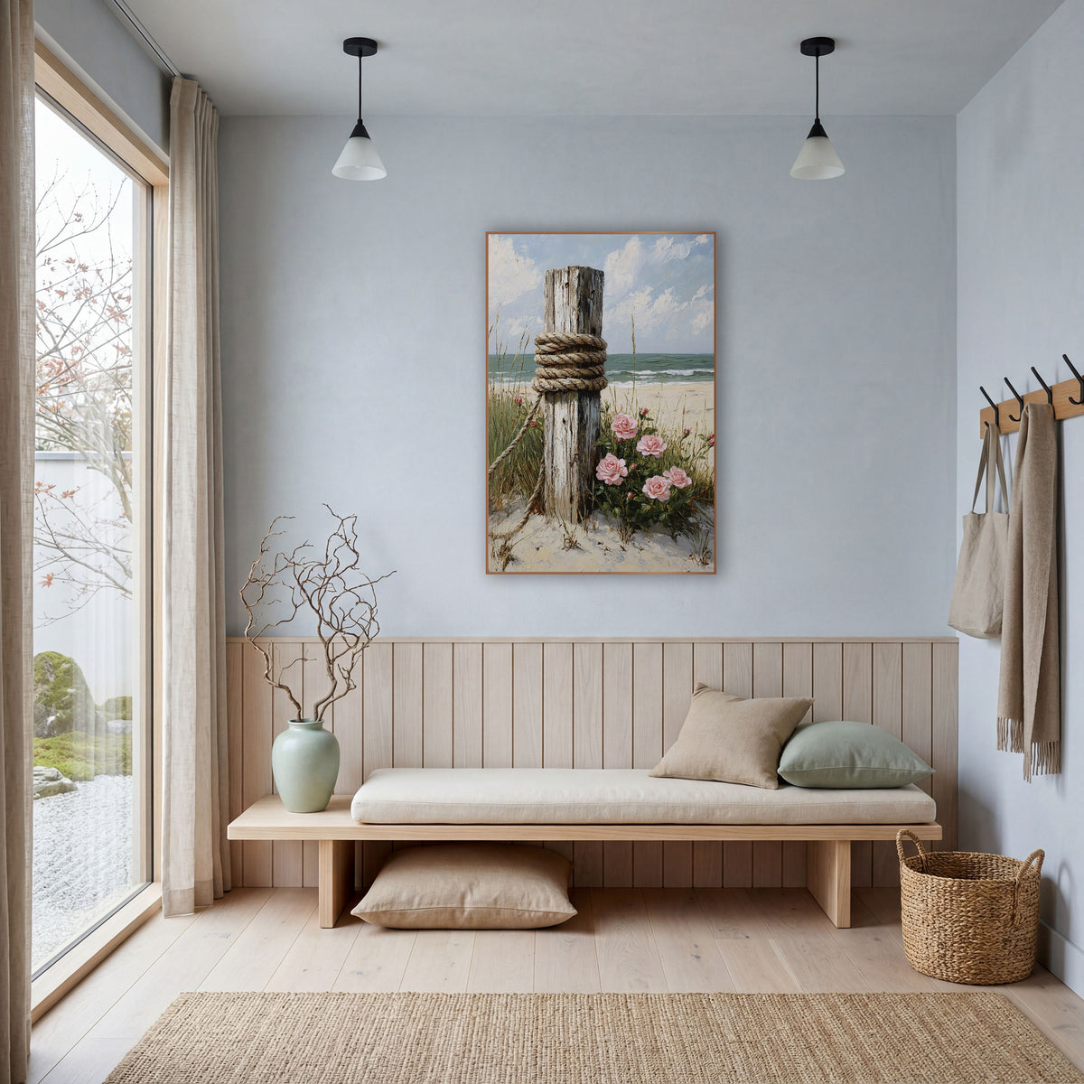 Weathered Beach Post Pink Roses Coastal wall art in a bright coastal-style room – weathered white wooden beach post