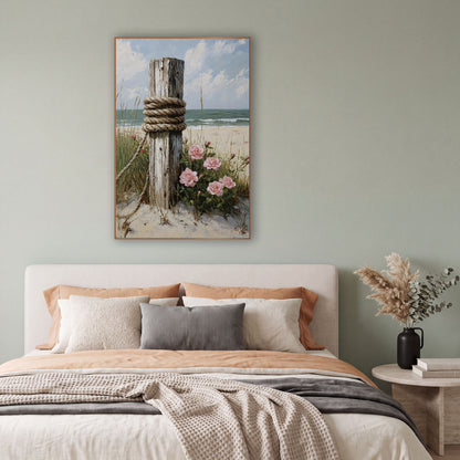 Weathered Beach Post Pink Roses Coastal wall art in a bright coastal-style room – weathered white wooden beach post