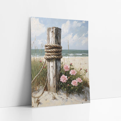 Weathered Beach Post Pink Roses Coastal art print leaning against a white wall – weathered white wooden beach post wrapped