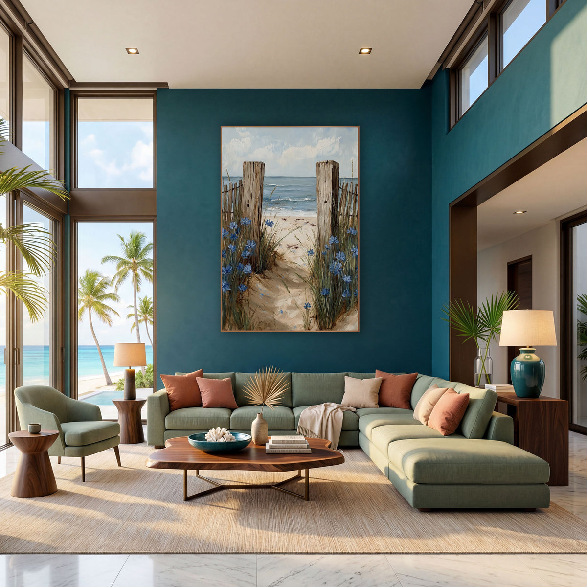 Blue Cornflower Beach Path Coastal wall art in a bright coastal-style room – sandy beach path between two weathered