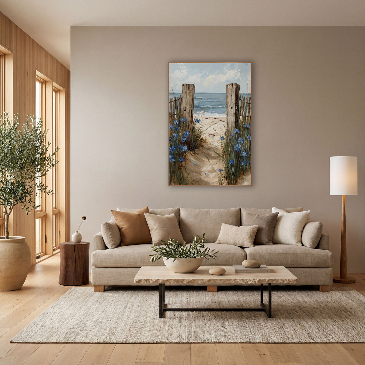 Blue Cornflower Beach Path Coastal wall art in a bright coastal-style room – sandy beach path between two weathered