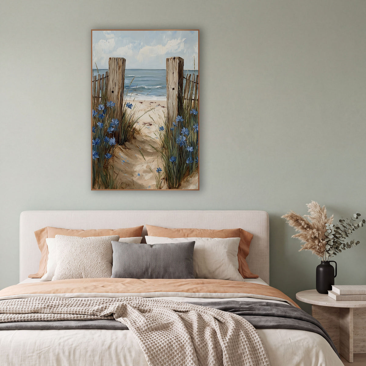 Blue Cornflower Beach Path Coastal wall art in a bright coastal-style room – sandy beach path between two weathered