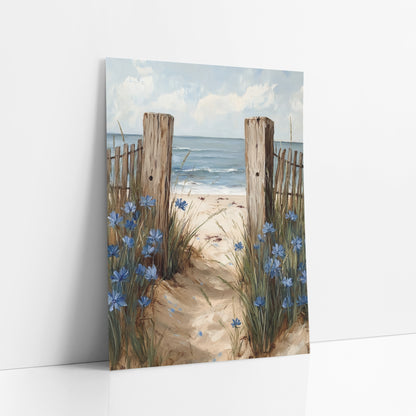 Blue Cornflower Beach Path Coastal art print leaning against a white wall – sandy beach path between two weathered wooden