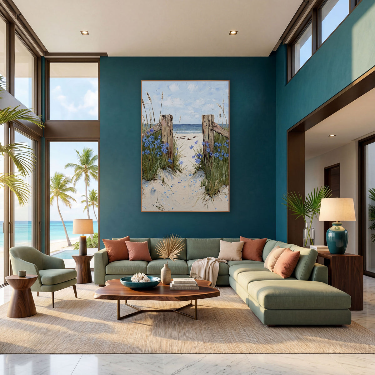 Blue Flower Beach Path Coastal wall art in a bright coastal-style room – sandy beach path between two weathered wooden