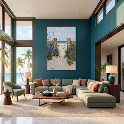 Blue Flower Beach Path Coastal wall art in a bright coastal-style room – sandy beach path between two weathered wooden