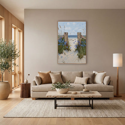 Blue Flower Beach Path Coastal wall art in a bright coastal-style room – sandy beach path between two weathered wooden