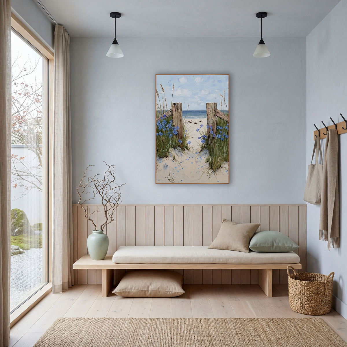 Blue Flower Beach Path Coastal wall art in a bright coastal-style room – sandy beach path between two weathered wooden