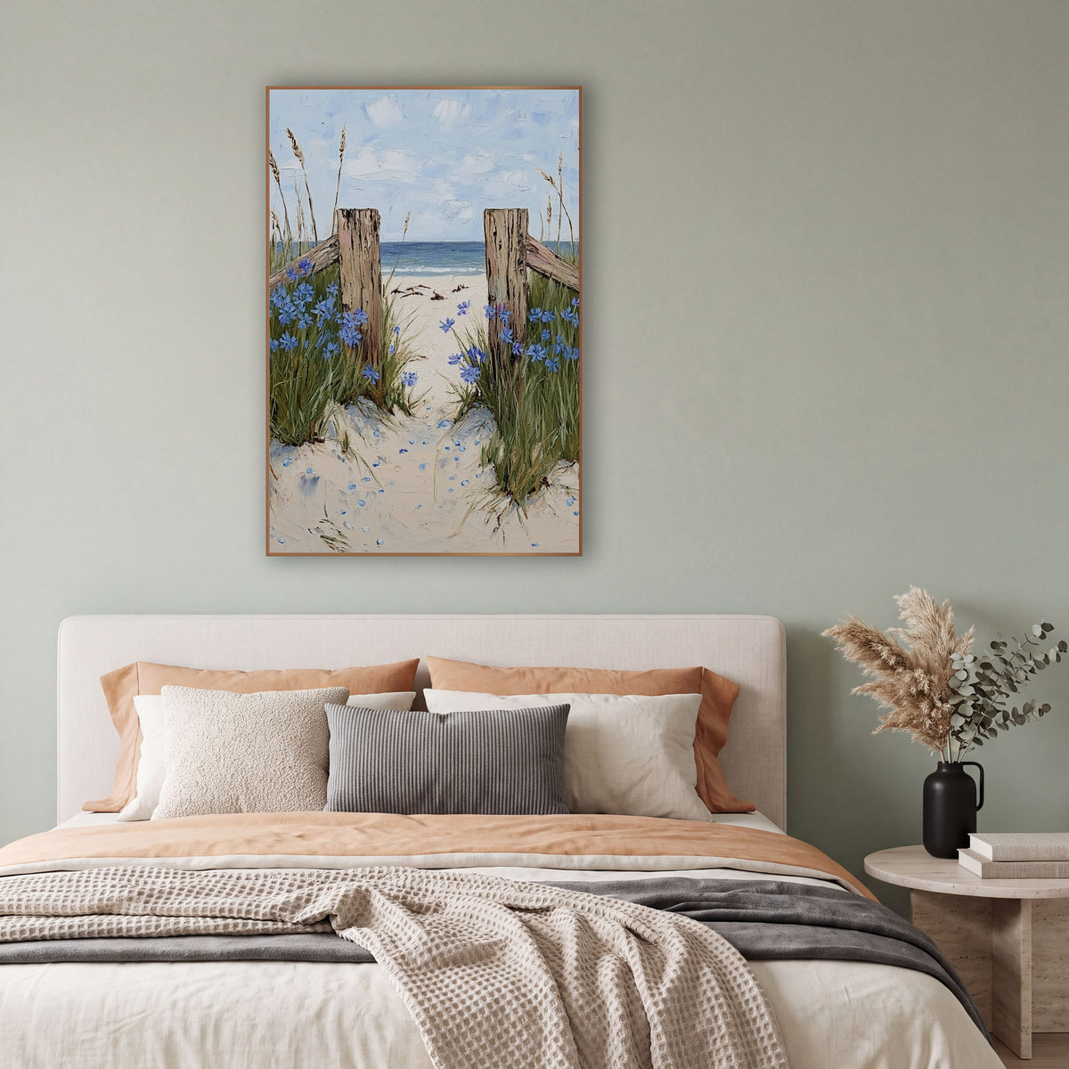 Blue Flower Beach Path Coastal wall art in a bright coastal-style room – sandy beach path between two weathered wooden