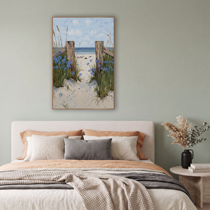 Blue Flower Beach Path Coastal wall art in a bright coastal-style room – sandy beach path between two weathered wooden