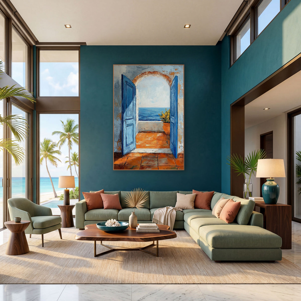 Arched Doorway Sea View Coastal wall art in a bright coastal-style room – two open blue doors and an arch frame