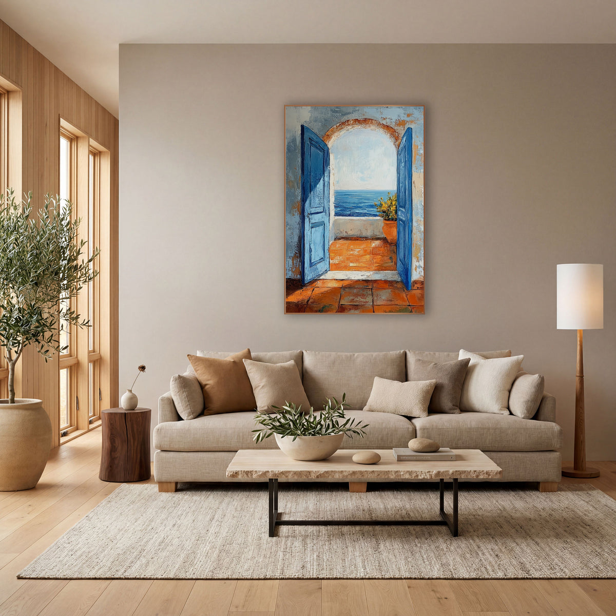 Arched Doorway Sea View Coastal wall art in a bright coastal-style room – two open blue doors and an arch frame