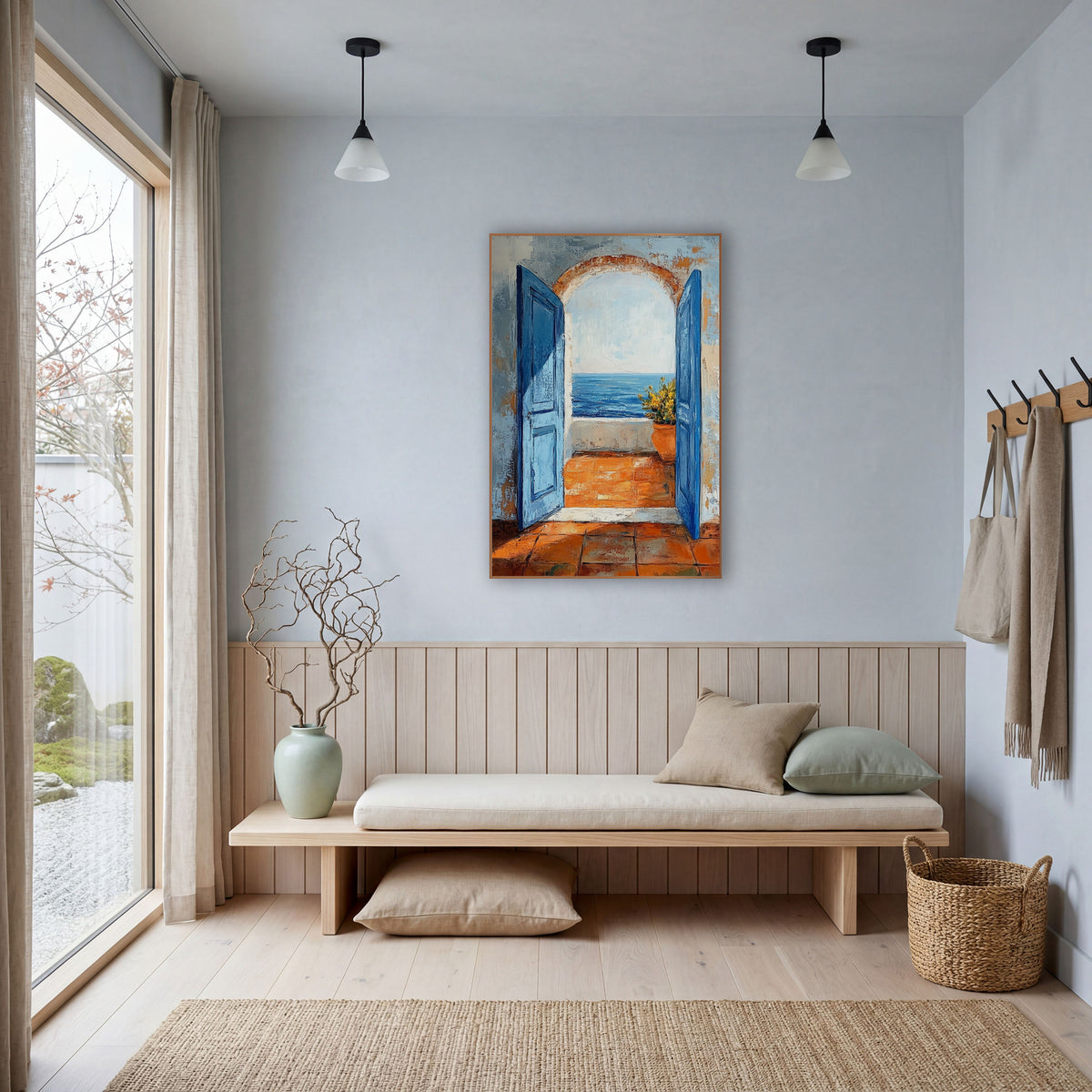 Arched Doorway Sea View Coastal wall art in a bright coastal-style room – two open blue doors and an arch frame