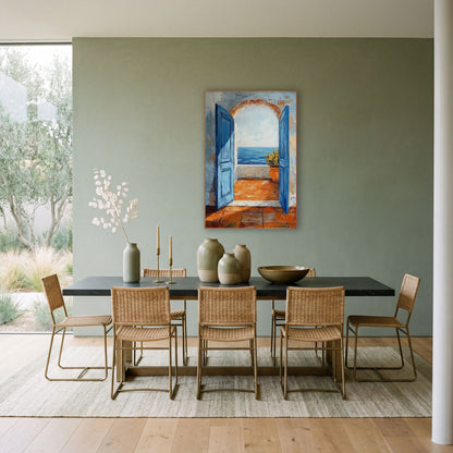 Arched Doorway Sea View Coastal wall art in a bright coastal-style room – two open blue doors and an arch frame