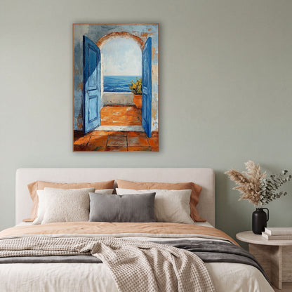Arched Doorway Sea View Coastal wall art in a bright coastal-style room – two open blue doors and an arch frame