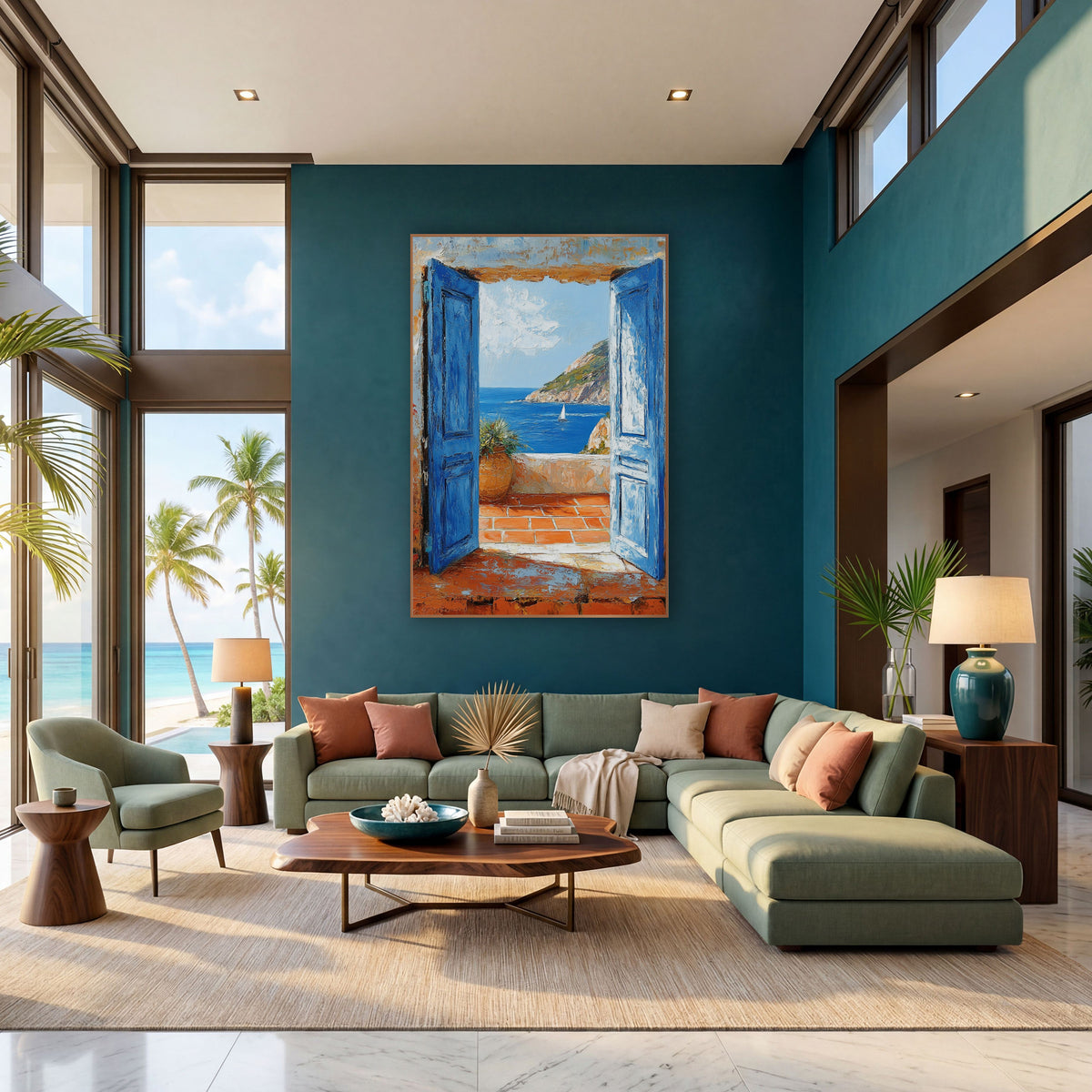 Doors Sailboat Cliff Coastal wall art in a bright coastal-style room – two open blue doors frame a terracotta terrace