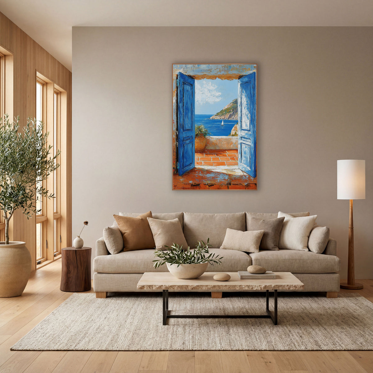 Doors Sailboat Cliff Coastal wall art in a bright coastal-style room – two open blue doors frame a terracotta terrace