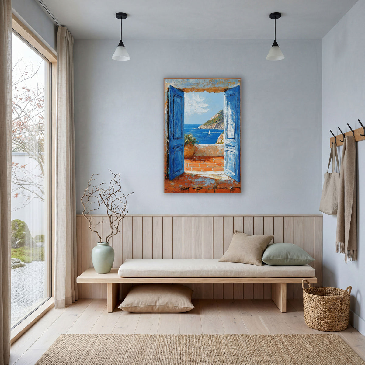 Doors Sailboat Cliff Coastal wall art in a bright coastal-style room – two open blue doors frame a terracotta terrace