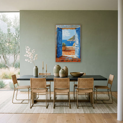 Doors Sailboat Cliff Coastal wall art in a bright coastal-style room – two open blue doors frame a terracotta terrace