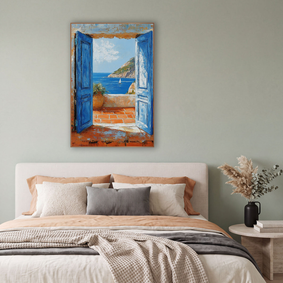 Doors Sailboat Cliff Coastal wall art in a bright coastal-style room – two open blue doors frame a terracotta terrace