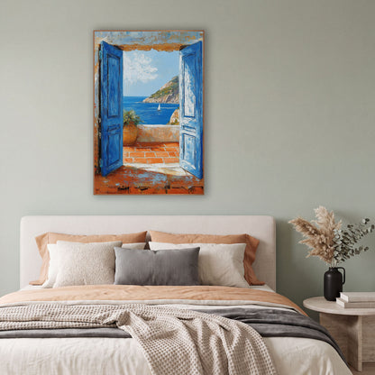 Doors Sailboat Cliff Coastal wall art in a bright coastal-style room – two open blue doors frame a terracotta terrace