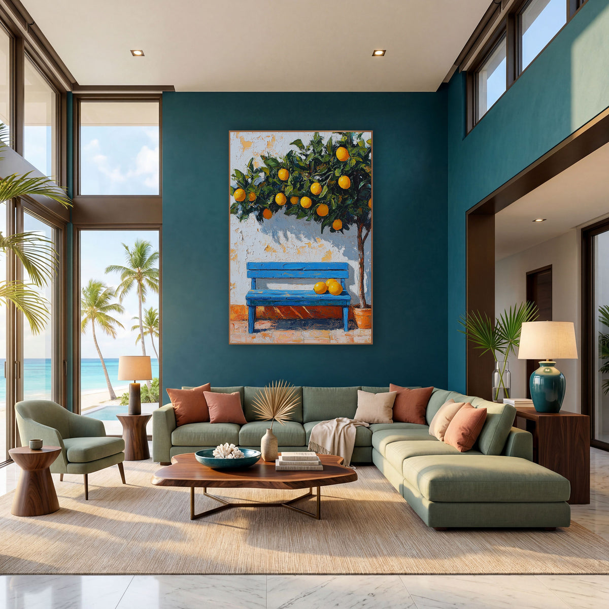 Orange Tree Blue Bench Peeling Wall Coastal wall art in a bright coastal-style room – blue slatted bench with fruit