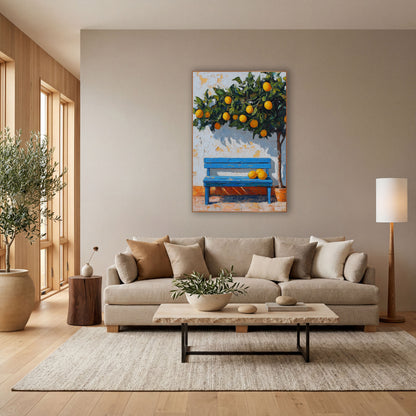 Orange Tree Blue Bench Peeling Wall Coastal wall art in a bright coastal-style room – blue slatted bench with fruit