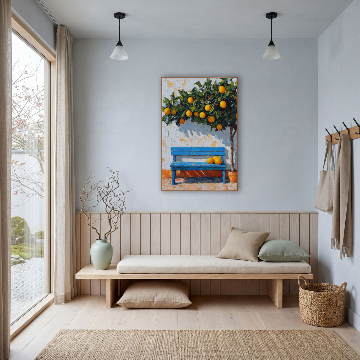 Orange Tree Blue Bench Peeling Wall Coastal wall art in a bright coastal-style room – blue slatted bench with fruit