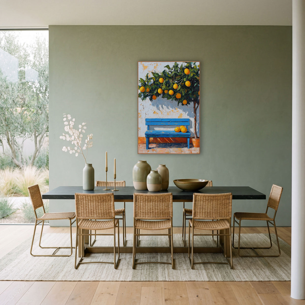 Orange Tree Blue Bench Peeling Wall Coastal wall art in a bright coastal-style room – blue slatted bench with fruit