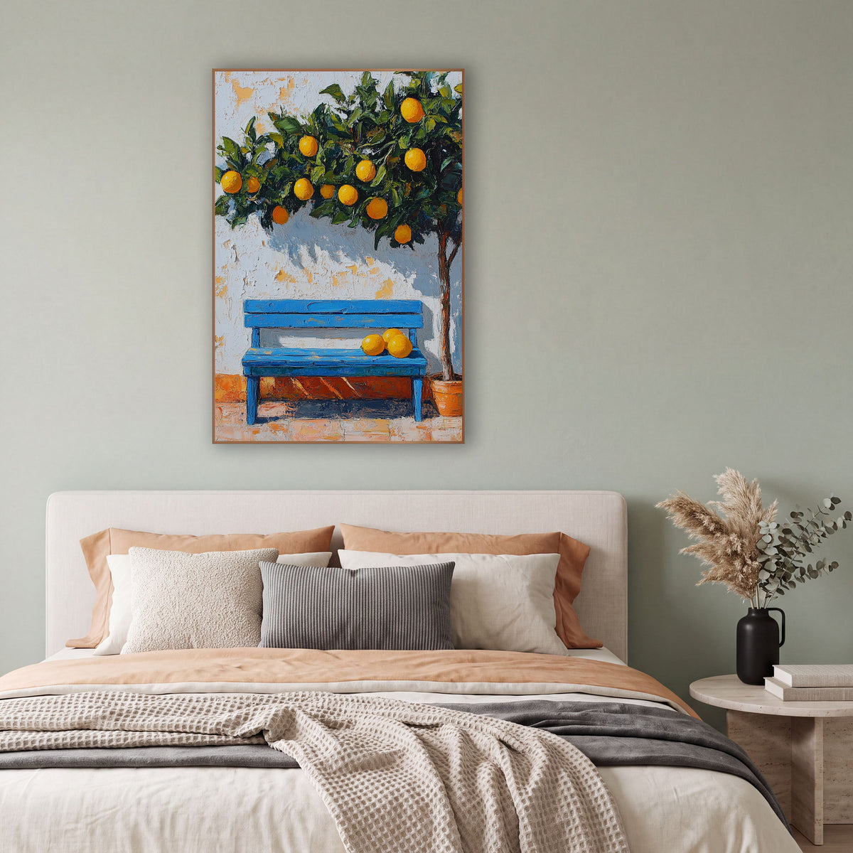 Orange Tree Blue Bench Peeling Wall Coastal wall art in a bright coastal-style room – blue slatted bench with fruit