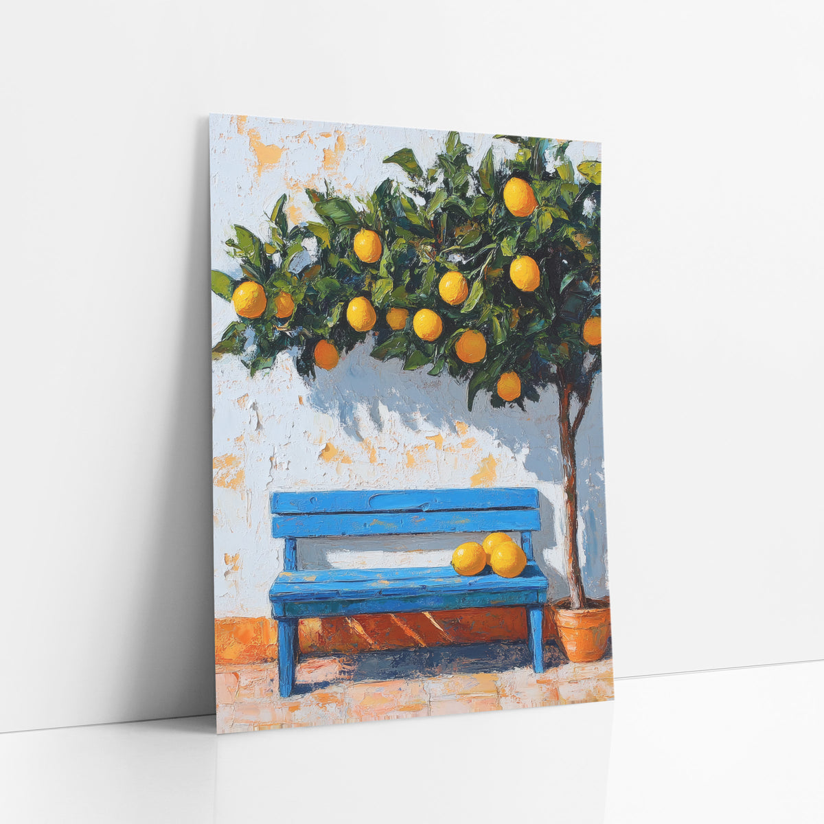 Orange Tree Blue Bench Peeling Wall Coastal art print leaning against a white wall – blue slatted bench with fruit