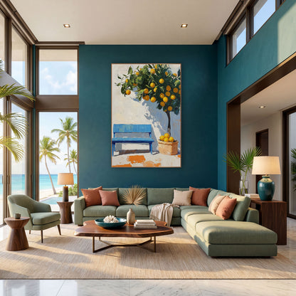 Potted Lemon Tree Sunlit Courtyard Modern wall art in a bright coastal-style room – potted citrus tree