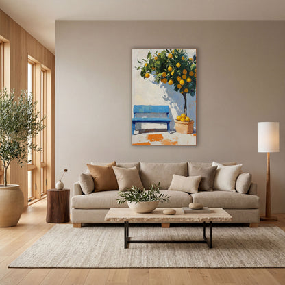 Potted Lemon Tree Sunlit Courtyard Modern wall art in a bright coastal-style room – potted citrus tree