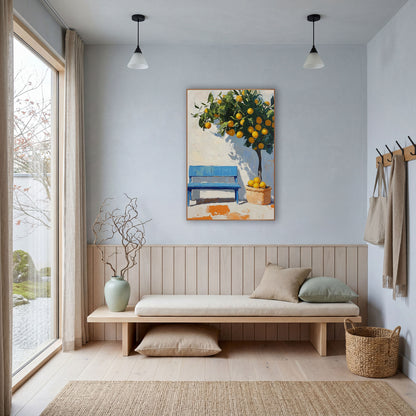 Potted Lemon Tree Sunlit Courtyard Modern wall art in a bright coastal-style room – potted citrus tree