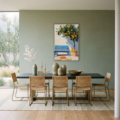 Potted Lemon Tree Sunlit Courtyard Modern wall art in a bright coastal-style room – potted citrus tree
