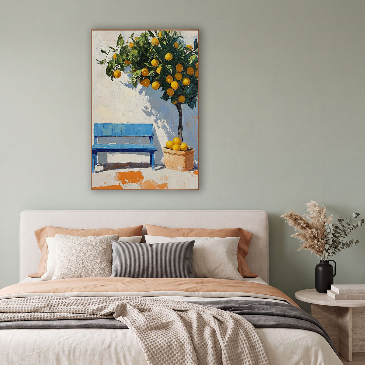 Potted Lemon Tree Sunlit Courtyard Modern wall art in a bright coastal-style room – potted citrus tree