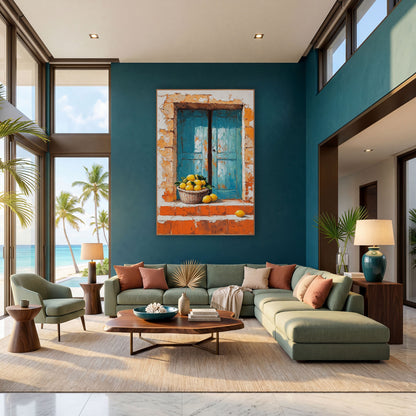Lemon Basket Blue Shutters Mediterranean wall art in a bright coastal-style room – basket of yellow lemons