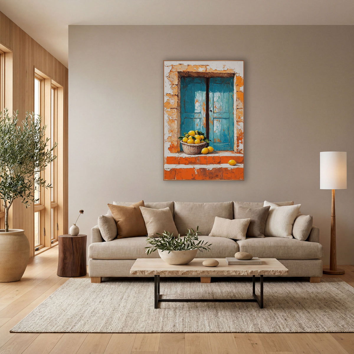 Lemon Basket Blue Shutters Mediterranean wall art in a bright coastal-style room – basket of yellow lemons