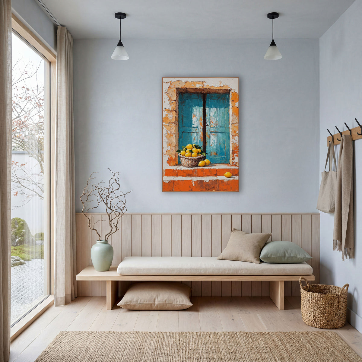 Lemon Basket Blue Shutters Mediterranean wall art in a bright coastal-style room – basket of yellow lemons