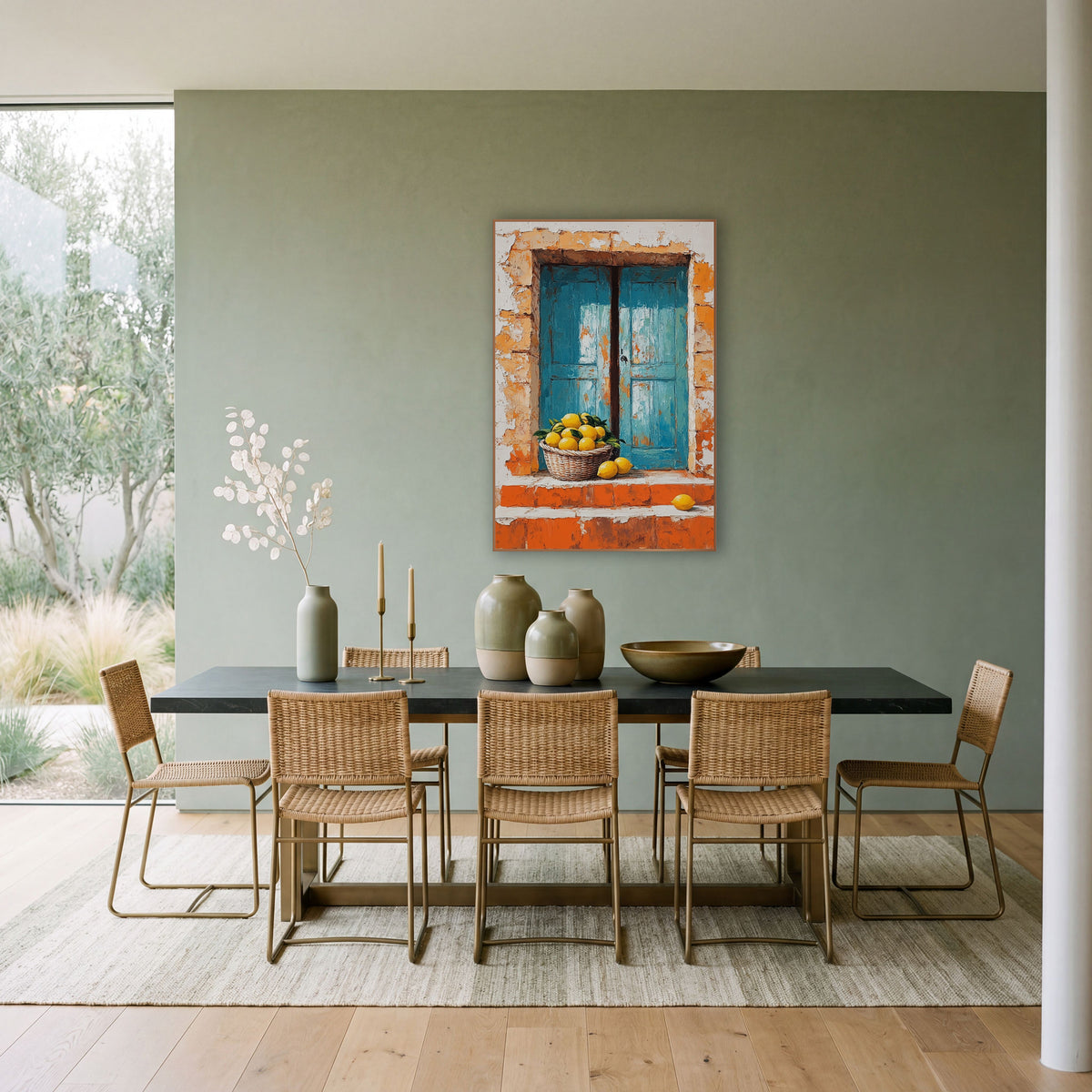Lemon Basket Blue Shutters Mediterranean wall art in a bright coastal-style room – basket of yellow lemons