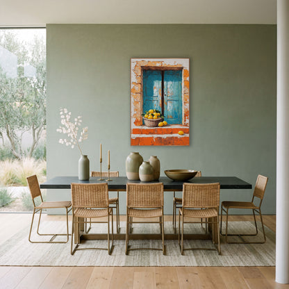 Lemon Basket Blue Shutters Mediterranean wall art in a bright coastal-style room – basket of yellow lemons