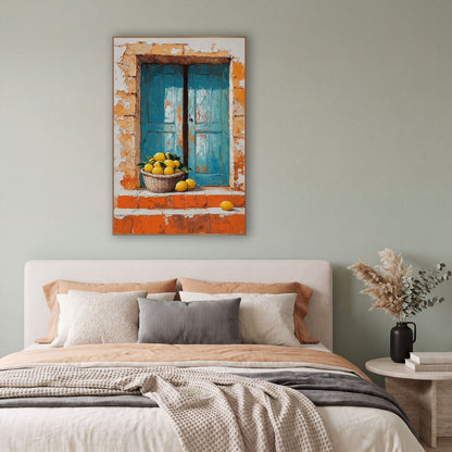 Lemon Basket Blue Shutters Mediterranean wall art in a bright coastal-style room – basket of yellow lemons