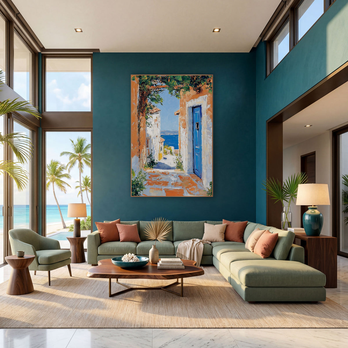 Blue Door Seaside Alley Coastal wall art in a bright coastal-style room – narrow sunlit lane with orange and white