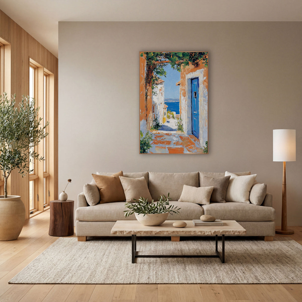 Blue Door Seaside Alley Coastal wall art in a bright coastal-style room – narrow sunlit lane with orange and white