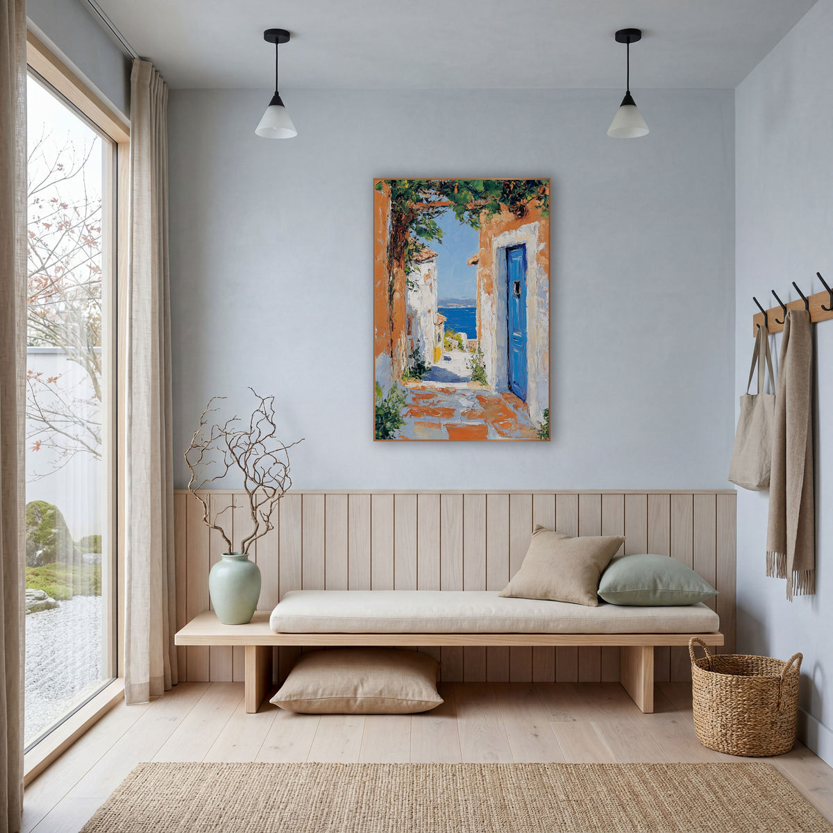 Blue Door Seaside Alley Coastal wall art in a bright coastal-style room – narrow sunlit lane with orange and white