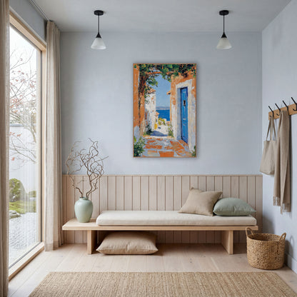 Blue Door Seaside Alley Coastal wall art in a bright coastal-style room – narrow sunlit lane with orange and white