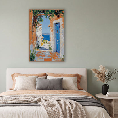 Blue Door Seaside Alley Coastal wall art in a bright coastal-style room – narrow sunlit lane with orange and white