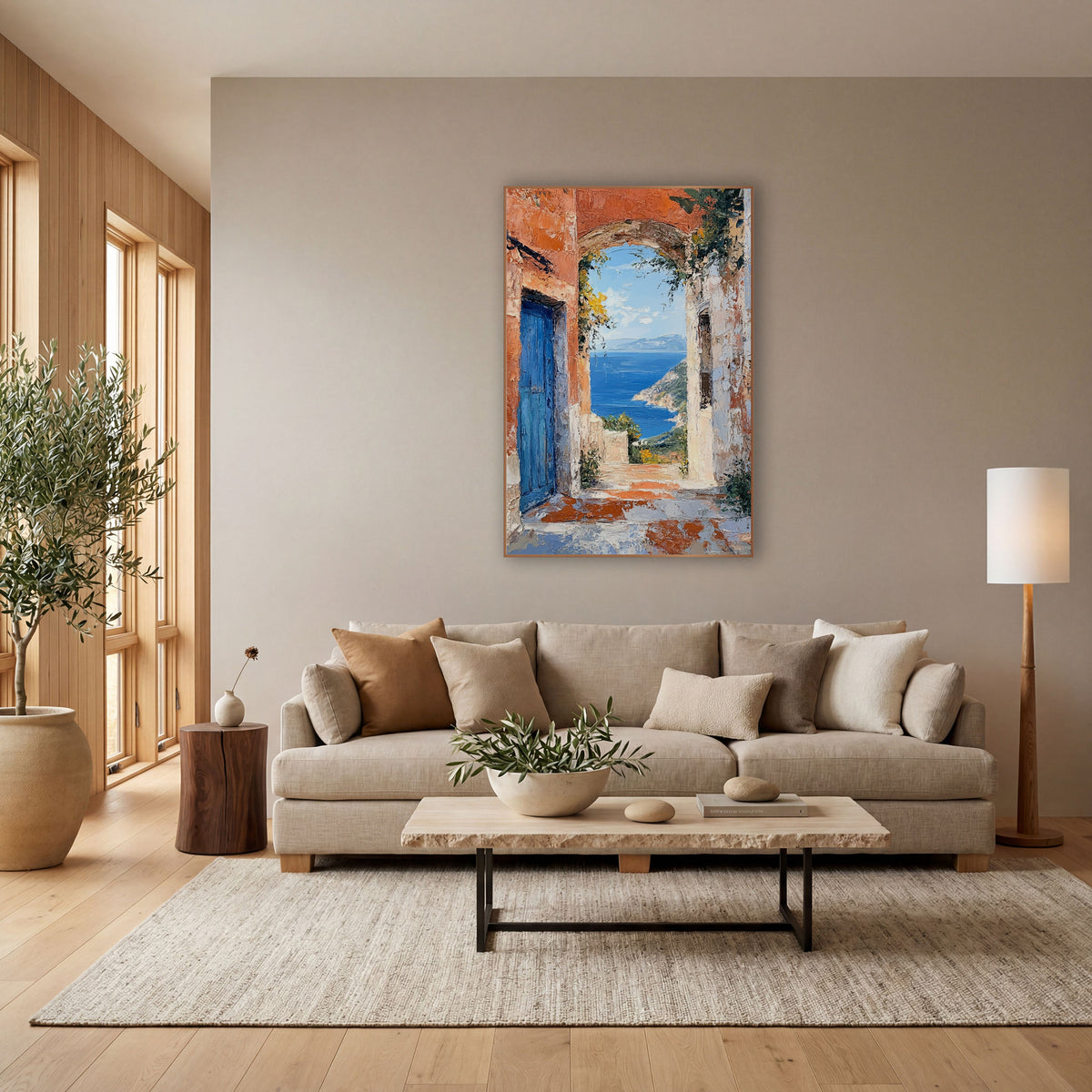 Blue Door Seaside Archway Coastal wall art in a bright coastal-style room – blue wooden door beside a stone archway