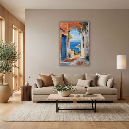 Blue Door Seaside Archway Coastal wall art in a bright coastal-style room – blue wooden door beside a stone archway